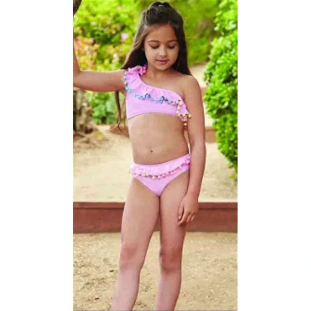 NWT Pilyq 12 Girls Swim Cabana Pink 1 Shoulder Pom Pom Bikini Top 132120